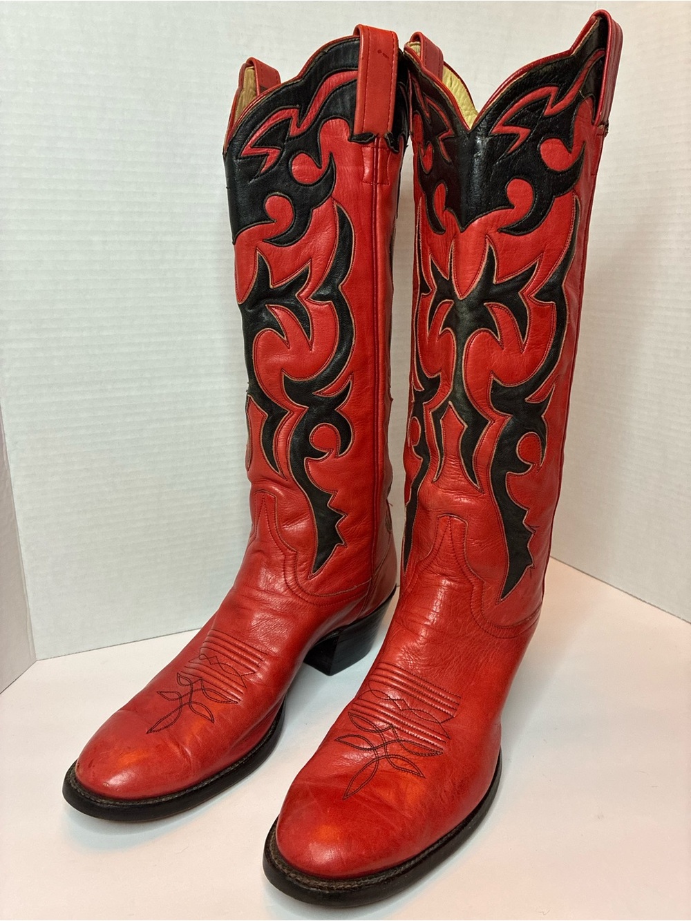 Vintage Cutter Bill Western World Cowboy Boots Red Black Leather Inlay Tall Rare
